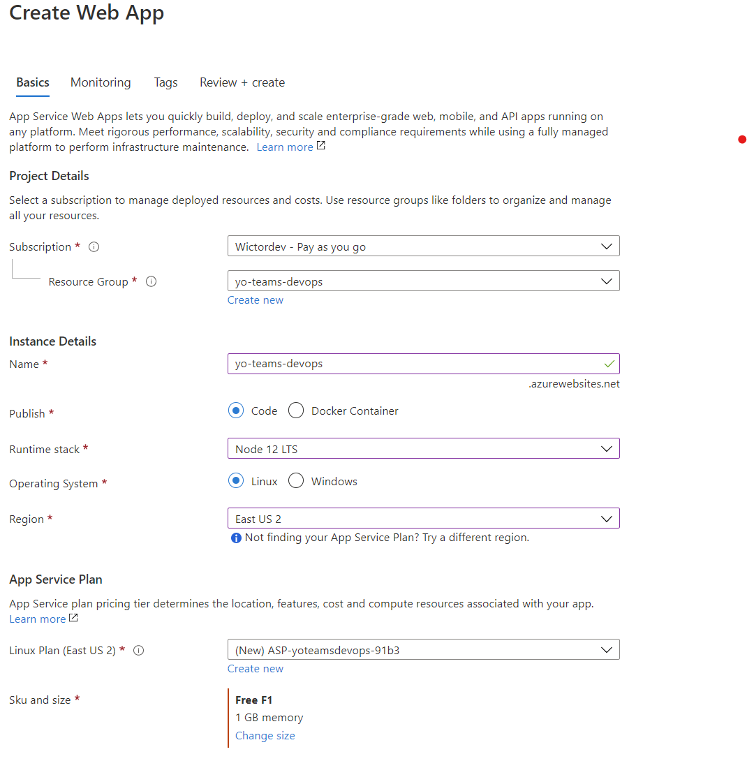 Create the Azure Web App