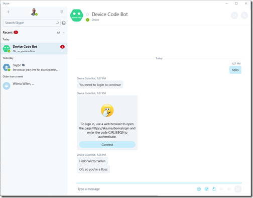 The device code bot in Skype