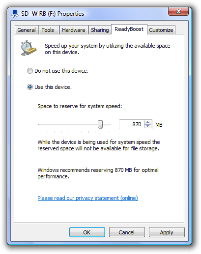 Configuring ReadyBoost on an SD-card